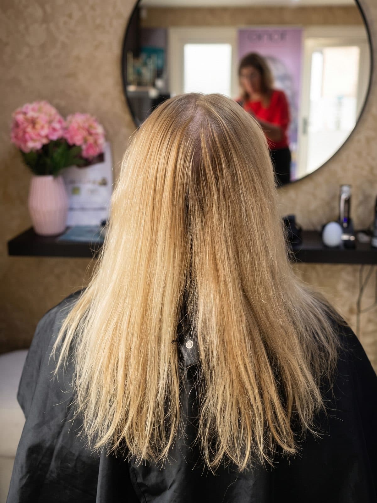 Voor: lang blond haar met donkere uitgroei